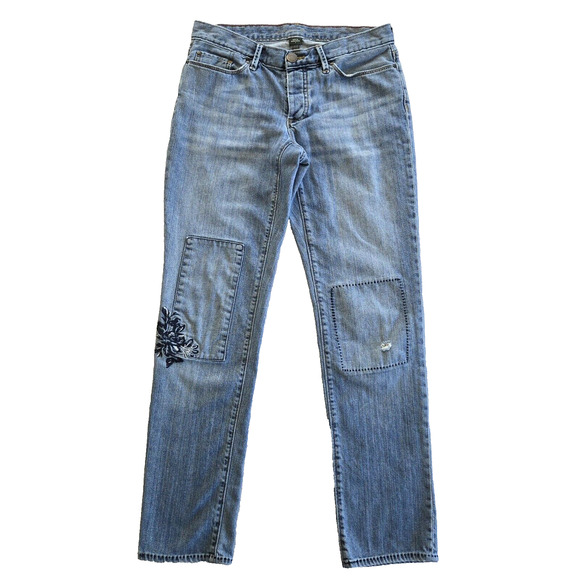 Eddie Bauer Jeans Womens 2 Button Fly Straight Distressed Embroidery Boho Y2K - Picture 1 of 12